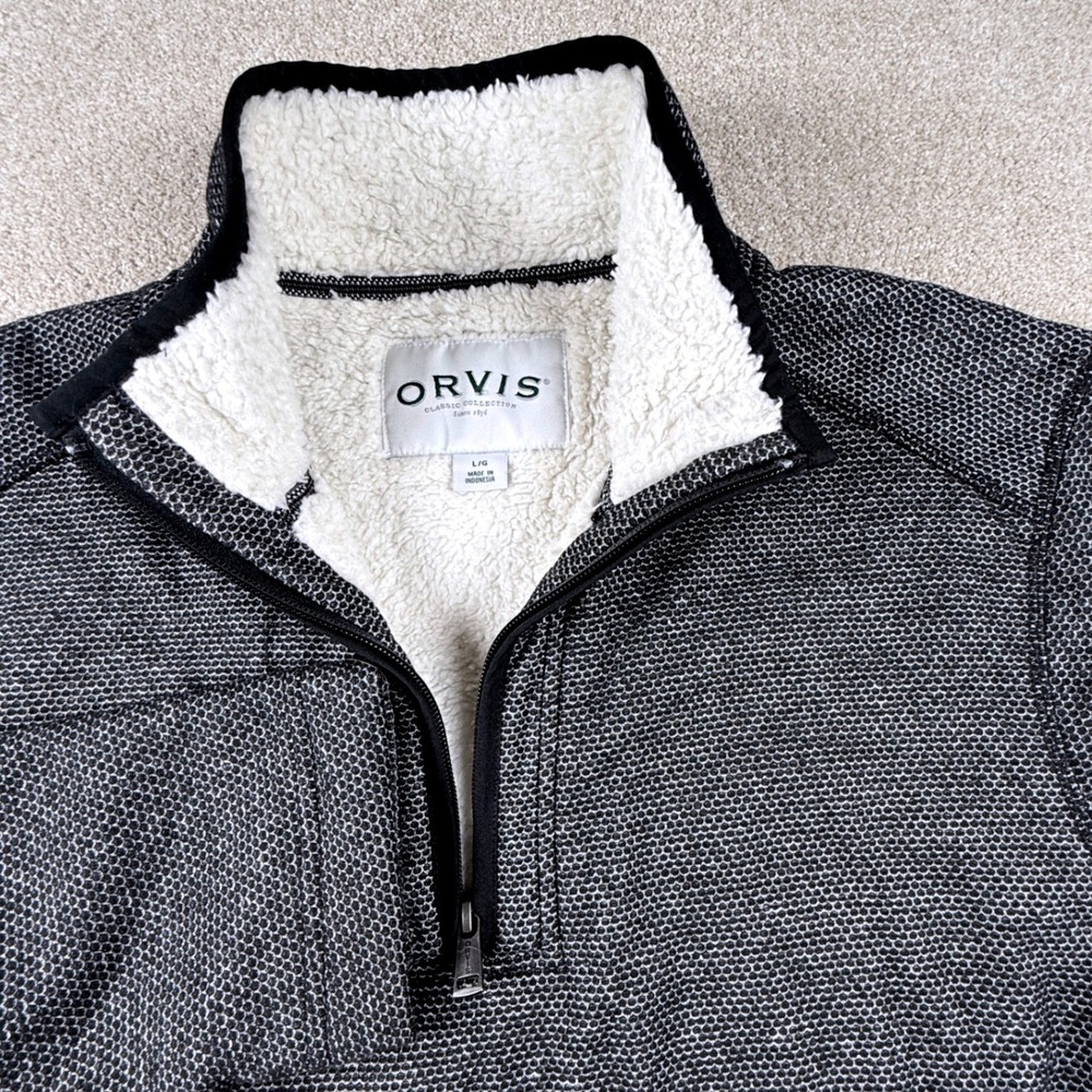Orvis Pullover Men Large Grey Fleece Lined 1/4 Zip Honeycomb Knit